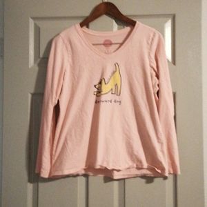 Pink tee with yoga dog graphic